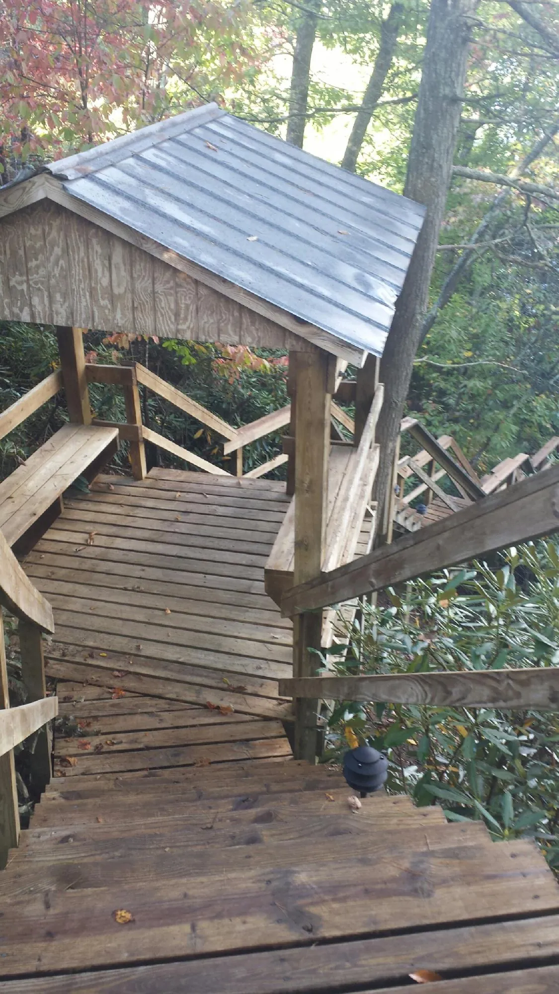 Metal roofed shelter over wooden steps on a wooded walkway — Skylight Repair & Installation work by our crew in Macy